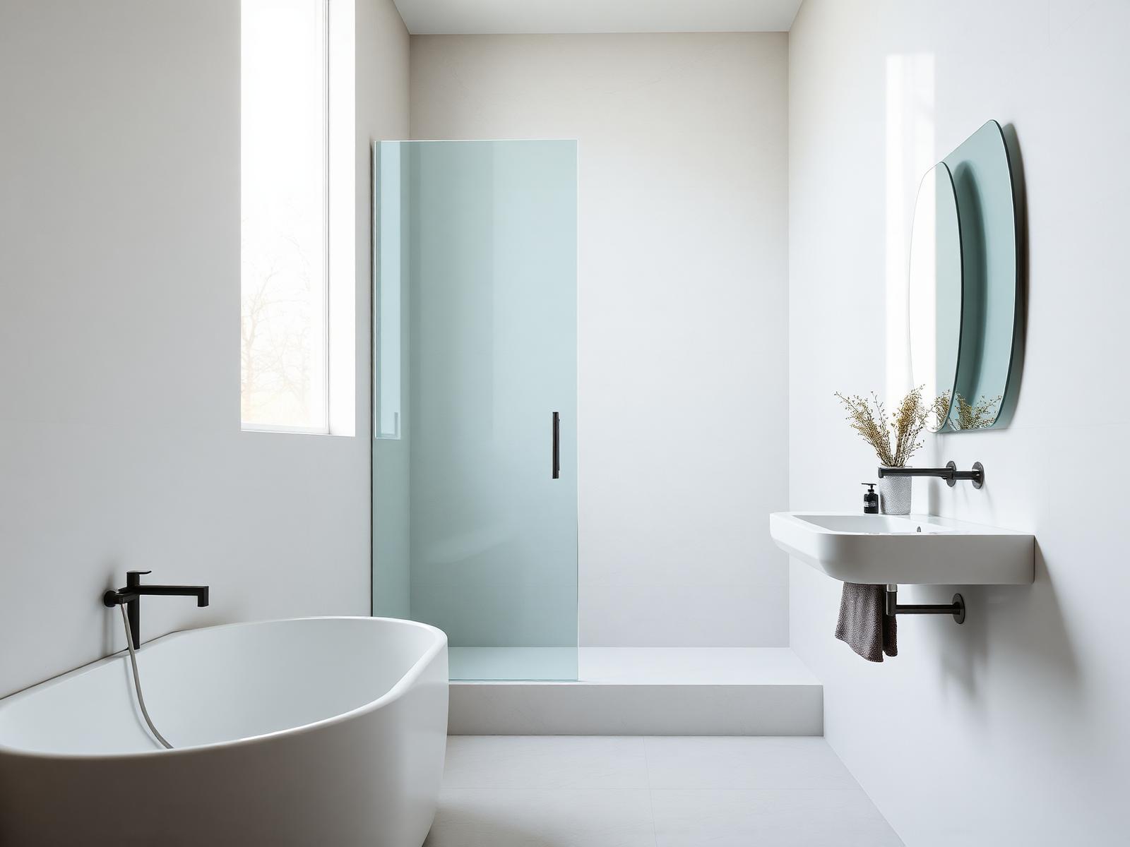 Rustige minimalistische Nederlandse badkamer met vrijstaand bad bij een hoog raam