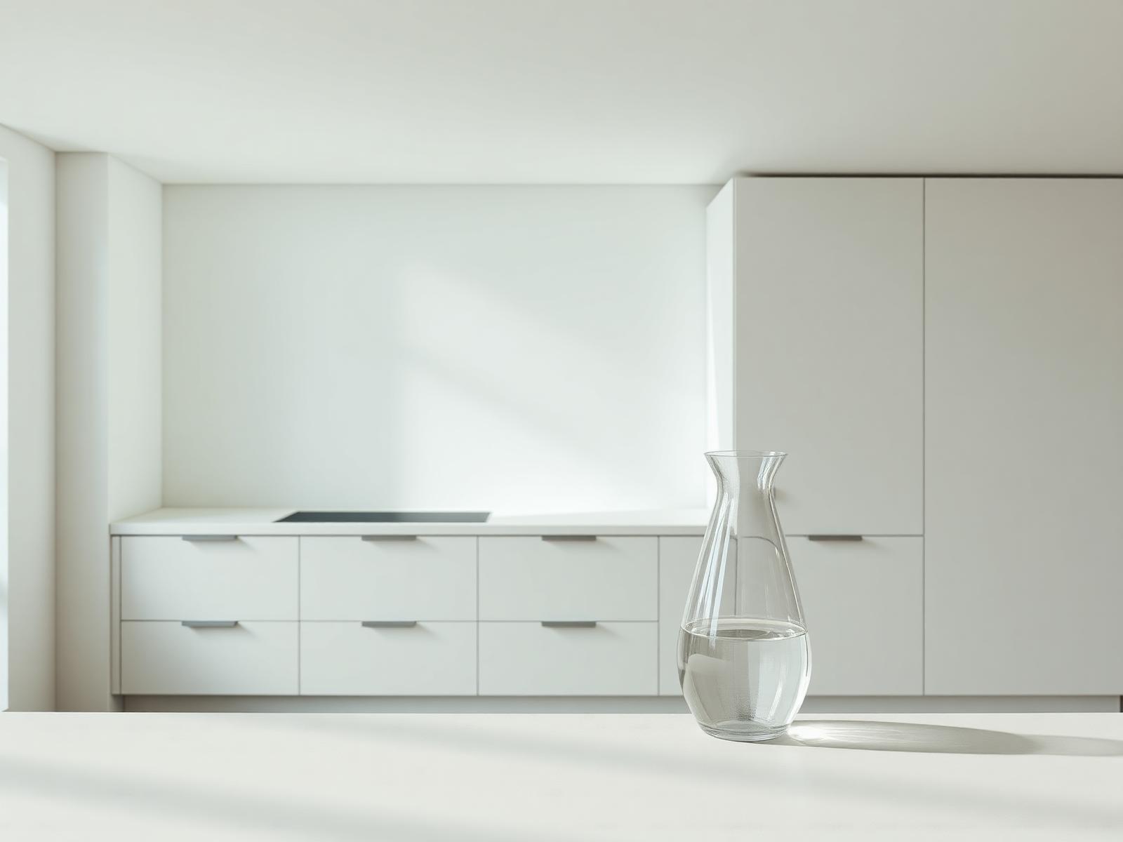 Minimalistische keuken met lang natuurstenen eiland en tegenlicht van hoge ramen